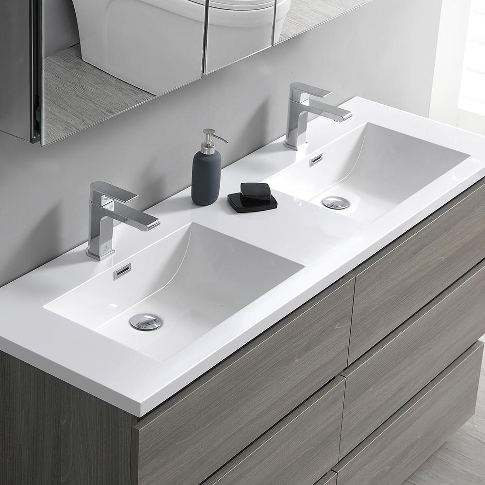 Fresca Lazzaro 60" Gray Wood Free Standing Double Sink Modern Bathroom Vanity w/ Medicine Cabinet - Luxe Bathroom Vanities