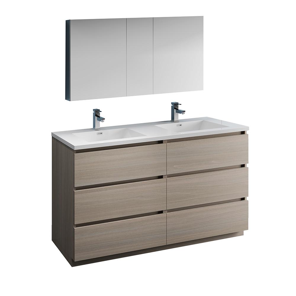 Fresca Lazzaro 60" Gray Wood Free Standing Double Sink Modern Bathroom Vanity w/ Medicine Cabinet - Luxe Bathroom Vanities