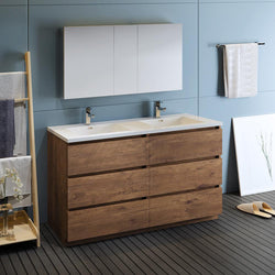 Fresca Lazzaro 60" Rosewood Free Standing Double Sink Modern Bathroom Vanity w/ Medicine Cabinet - Luxe Bathroom Vanities