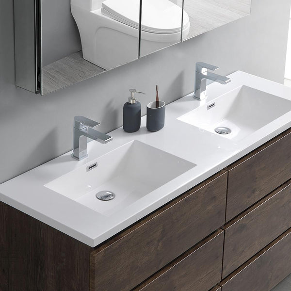 Fresca Lazzaro 60" Rosewood Free Standing Double Sink Modern Bathroom Vanity w/ Medicine Cabinet - Luxe Bathroom Vanities