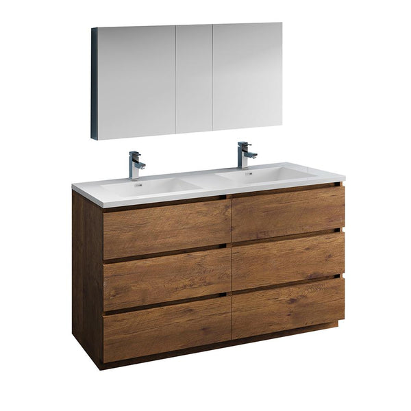 Fresca Lazzaro 60" Rosewood Free Standing Double Sink Modern Bathroom Vanity w/ Medicine Cabinet - Luxe Bathroom Vanities