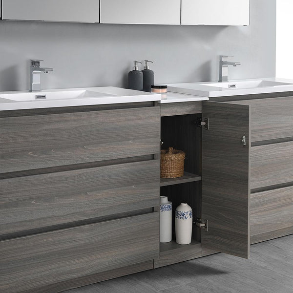 Fresca Lazzaro 84" Gray Wood Free Standing Double Sink Modern Bathroom Vanity w/ Medicine Cabinet - Luxe Bathroom Vanities