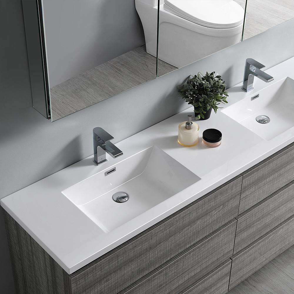 Fresca Lazzaro 72" Glossy Ash Gray Free Standing Double Sink Modern Bathroom Vanity w/ Medicine Cabinet - Luxe Bathroom Vanities