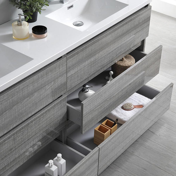 Fresca Lazzaro 72" Glossy Ash Gray Free Standing Double Sink Modern Bathroom Vanity w/ Medicine Cabinet - Luxe Bathroom Vanities