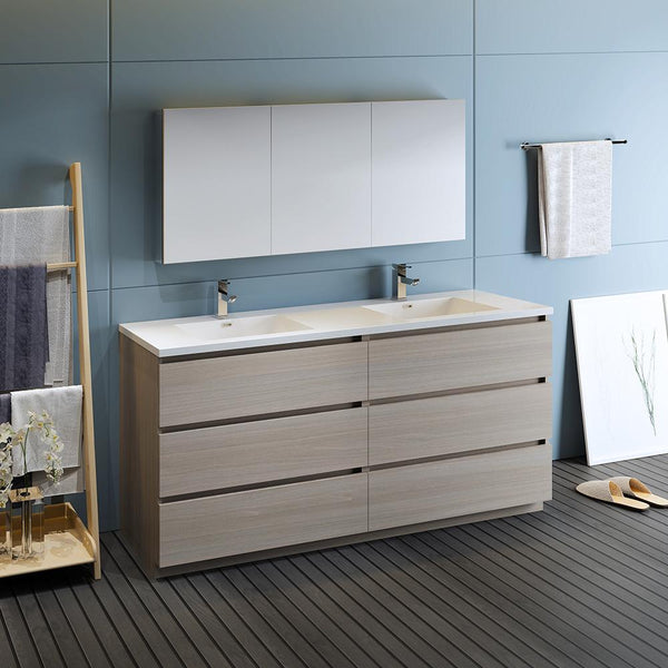 Fresca Lazzaro 72" Gray Wood Free Standing Double Sink Modern Bathroom Vanity w/ Medicine Cabinet - Luxe Bathroom Vanities