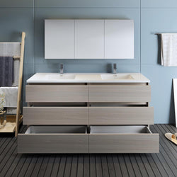 Fresca Lazzaro 72" Gray Wood Free Standing Double Sink Modern Bathroom Vanity w/ Medicine Cabinet - Luxe Bathroom Vanities