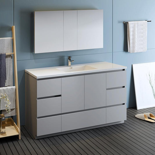 Fresca Lazzaro 60" Gray Free Standing Single Sink Modern Bathroom Vanity w/ Medicine Cabinet - Luxe Bathroom Vanities