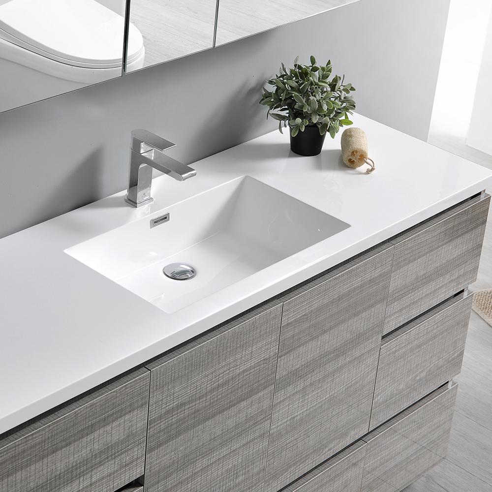 Fresca Lazzaro 60" Glossy Ash Gray Free Standing Single Sink Modern Bathroom Vanity w/ Medicine Cabinet - Luxe Bathroom Vanities