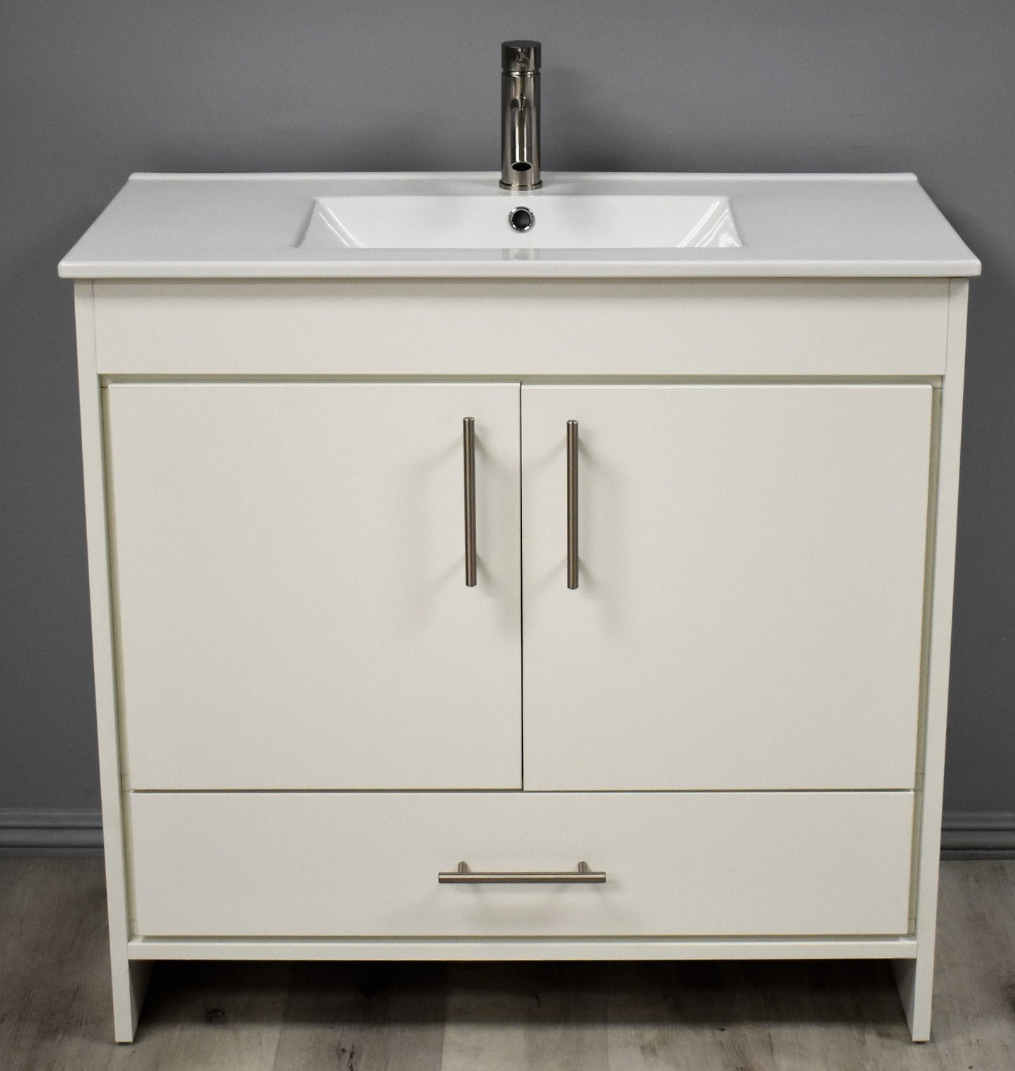 Volpa Pacific 36" Modern Bathroom Vanity with Integrated Ceramic Top and Brushed Nickel Round Handles - Luxe Bathroom Vanities Luxury Bathroom Fixtures Bathroom Furniture