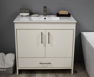 Volpa Pacific 36" Modern Bathroom Vanity with Integrated Ceramic Top and Brushed Nickel Round Handles - Luxe Bathroom Vanities Luxury Bathroom Fixtures Bathroom Furniture