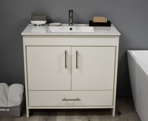 Volpa Pacific 36" Modern Bathroom Vanity with Integrated Ceramic Top and Brushed Nickel Round Handles - Luxe Bathroom Vanities Luxury Bathroom Fixtures Bathroom Furniture
