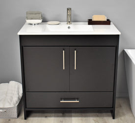Volpa Pacific 36" Modern Bathroom Vanity with Integrated Ceramic Top and Brushed Nickel Round Handles - Luxe Bathroom Vanities Luxury Bathroom Fixtures Bathroom Furniture