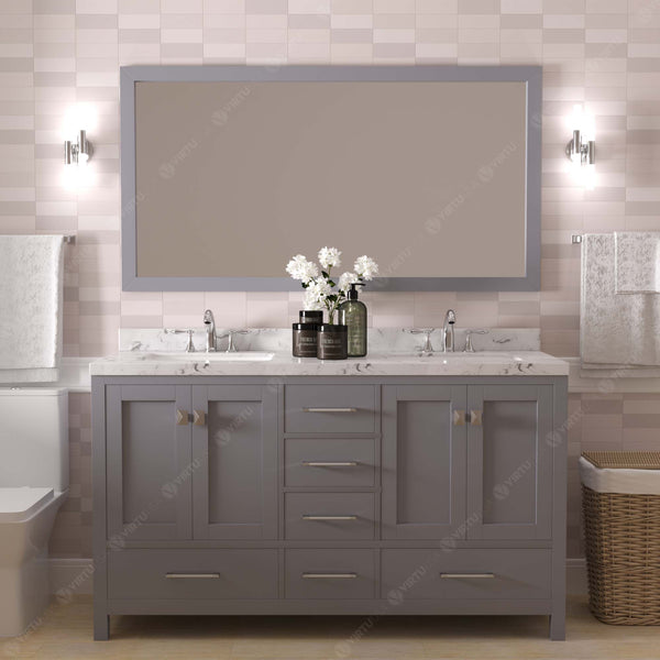 Virtu USA Caroline Avenue 60" Double Bath Vanity with White Quartz Top and Round Sinks with Brushed Nickel Faucets with Matching Mirror - Luxe Bathroom Vanities
