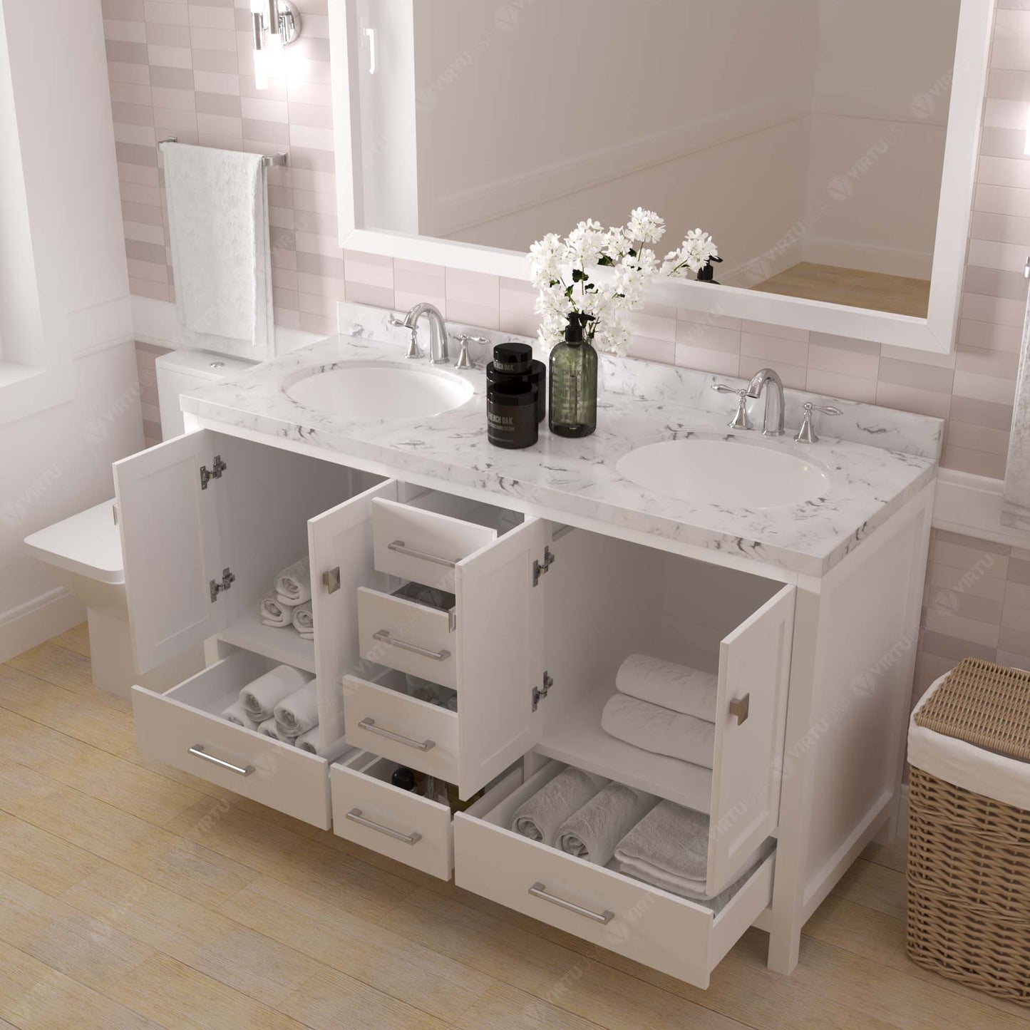 Virtu USA Caroline Avenue 60" Double Bath Vanity with White Quartz Top and Round Sinks with Matching Mirror - Luxe Bathroom Vanities