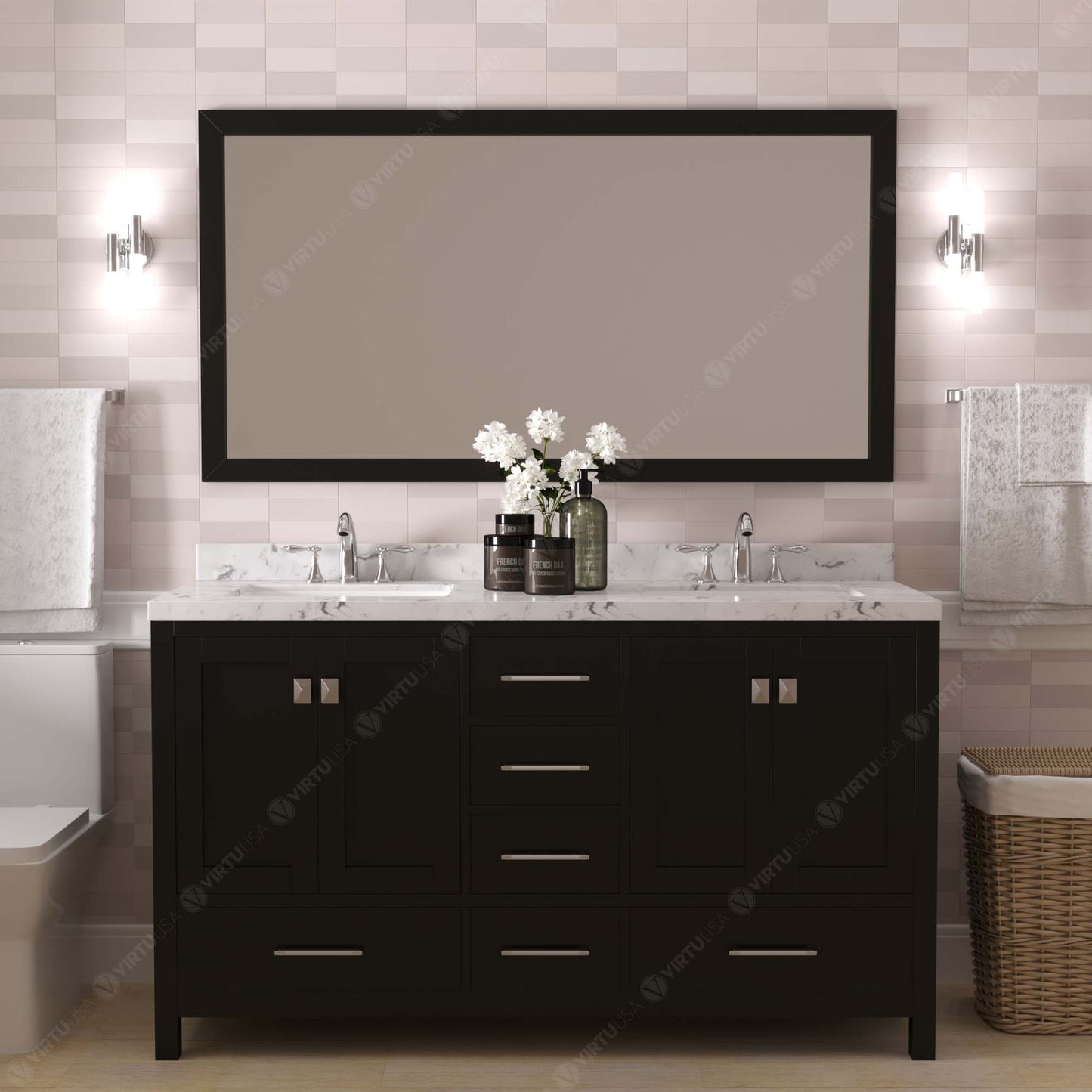 Virtu USA Caroline Avenue 60" Double Bath Vanity with White Quartz Top and Square Sinks with Polished Chrome Faucets with Matching Mirror - Luxe Bathroom Vanities
