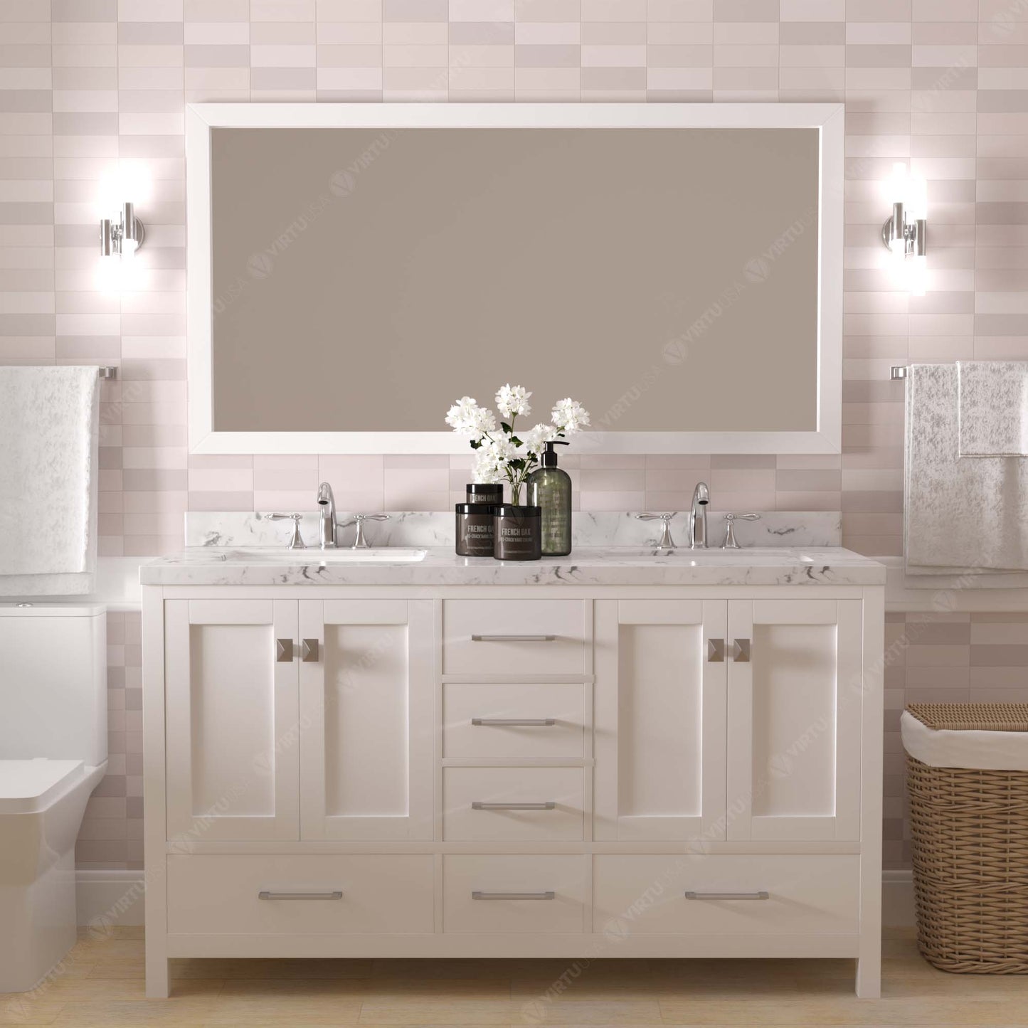 Virtu USA Caroline Avenue 60" Double Bath Vanity with White Quartz Top and Square Sinks with Brushed Nickel Faucets with Matching Mirror - Luxe Bathroom Vanities