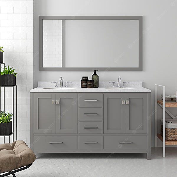 Virtu USA Caroline Avenue 60" Double Bath Vanity in Cashmere Grey with Dazzle White Top and Round Sink with Mirror - Luxe Bathroom Vanities Luxury Bathroom Fixtures Bathroom Furniture