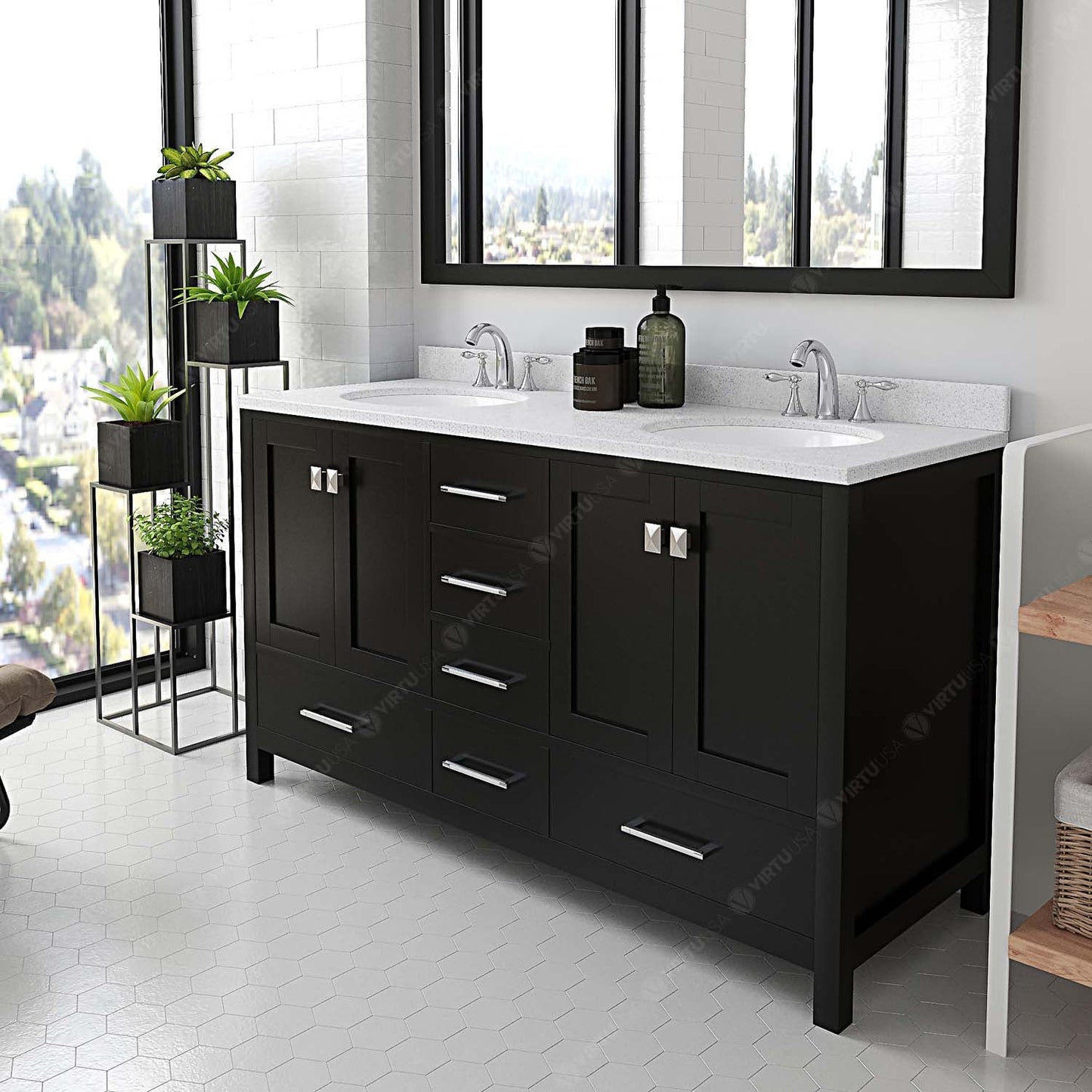 Virtu USA Caroline Avenue 60" Double Bath Vanity with Dazzle White Top and Round Sink with Mirror - Luxe Bathroom Vanities