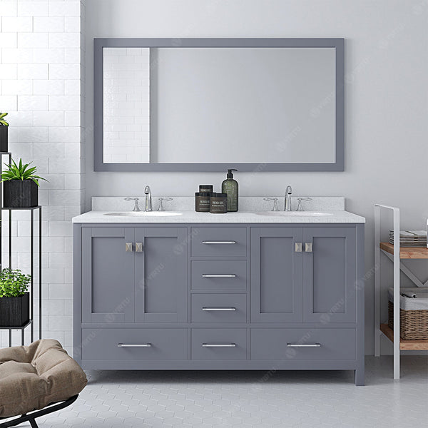 Virtu USA Caroline Avenue 60" Double Bath Vanity with Dazzle White Top and Round Sink with Mirror - Luxe Bathroom Vanities