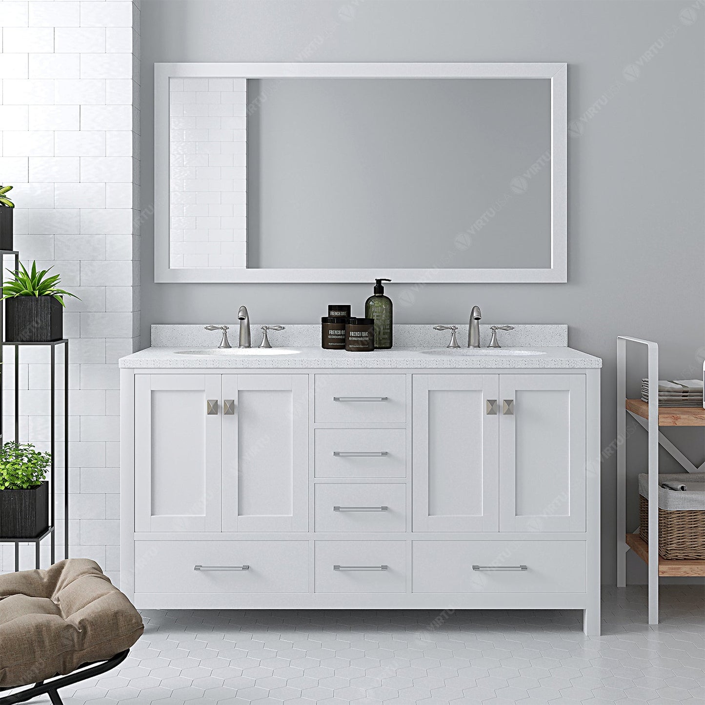 Virtu USA Caroline Avenue 60" Double Bath Vanity with Dazzle White Top and Round Sink with Mirror - Luxe Bathroom Vanities