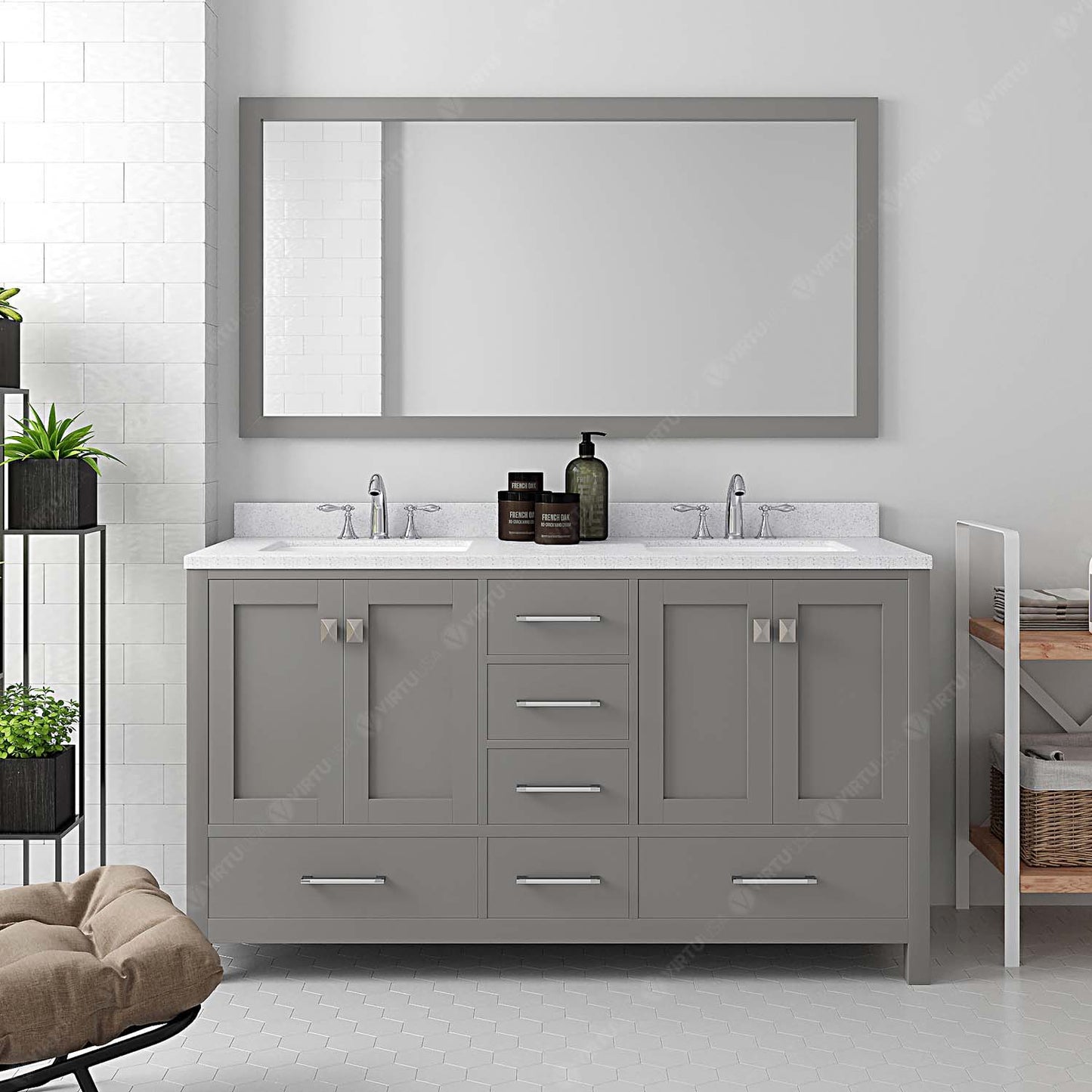 Virtu USA Caroline Avenue 60" Double Bath Vanity in Cashmere Grey with Dazzle White Top and Square Sink with Brushed Nickel Faucet and Mirror - Luxe Bathroom Vanities Luxury Bathroom Fixtures Bathroom Furniture