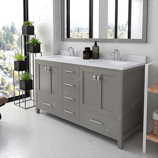Virtu USA Caroline Avenue 60" Double Bath Vanity in Cashmere Grey with Dazzle White Top and Square Sink with Brushed Nickel Faucet and Mirror - Luxe Bathroom Vanities Luxury Bathroom Fixtures Bathroom Furniture