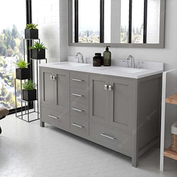 Virtu USA Caroline Avenue 60" Double Bath Vanity in Cashmere Grey with Dazzle White Top and Square Sink with Polished Chrome Faucet and Mirror - Luxe Bathroom Vanities Luxury Bathroom Fixtures Bathroom Furniture