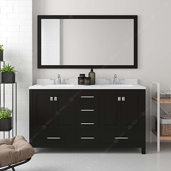 Virtu USA Caroline Avenue 60" Double Bath Vanity with Dazzle White Top and Square Sink with Brushed Nickel Faucet and Mirror - Luxe Bathroom Vanities