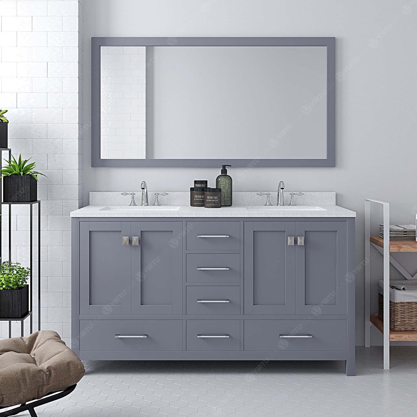 Virtu USA Caroline Avenue 60" Double Bath Vanity with Dazzle White Top and Square Sink with Brushed Nickel Faucet and Mirror - Luxe Bathroom Vanities