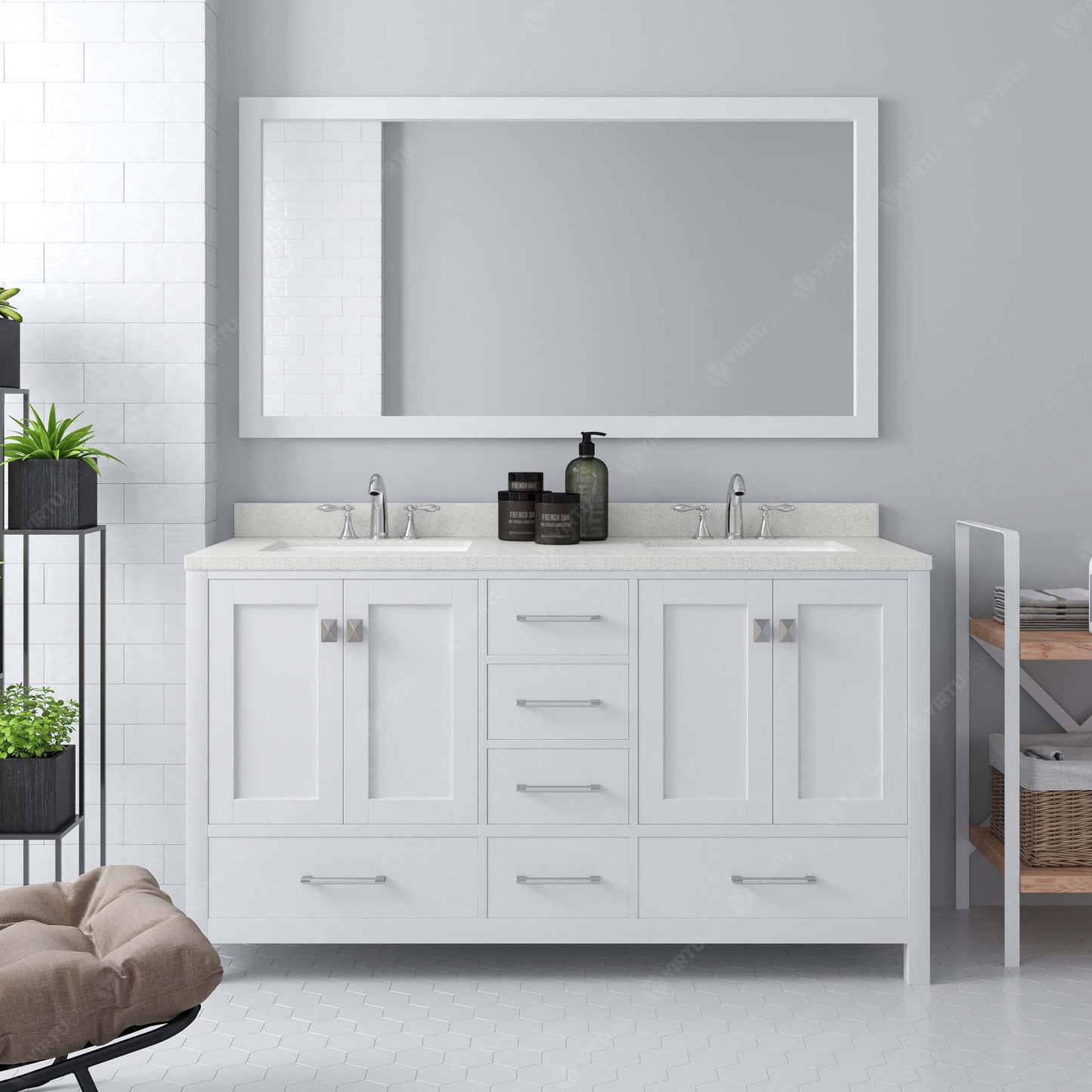 Virtu USA Caroline Avenue 60" Double Bath Vanity with Dazzle White Top and Square Sink with Polished Chrome Faucet and Mirror - Luxe Bathroom Vanities