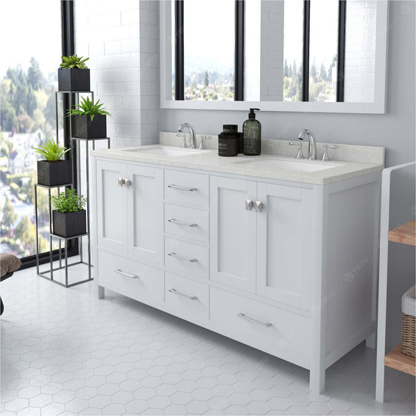 Virtu USA Caroline Avenue 60" Double Bath Vanity with Dazzle White Top and Square Sink with Brushed Nickel Faucet and Mirror - Luxe Bathroom Vanities