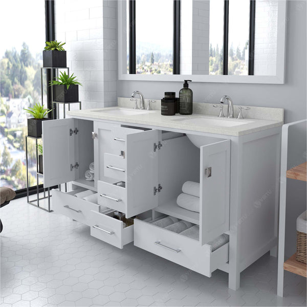 Virtu USA Caroline Avenue 60" Double Bath Vanity with Dazzle White Top and Square Sink with Polished Chrome Faucet and Mirror - Luxe Bathroom Vanities