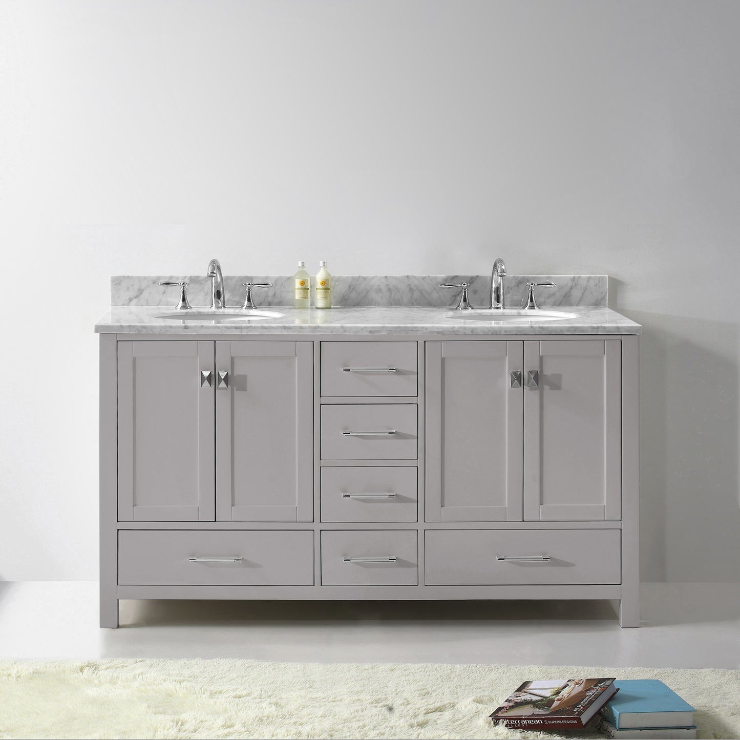 Virtu USA Caroline Avenue 60" Double Bath Vanity in Cashmere Grey with Marble Top and Round Sink with Brushed Nickel Faucet - Luxe Bathroom Vanities Luxury Bathroom Fixtures Bathroom Furniture