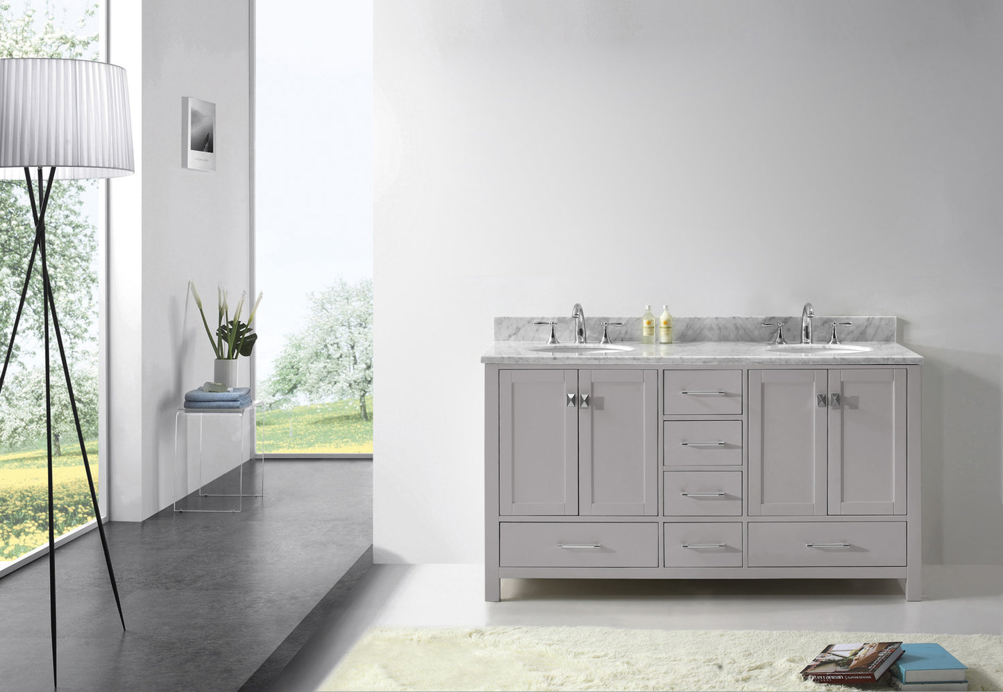 Virtu USA Caroline Avenue 60" Double Bath Vanity in Cashmere Grey with Marble Top and Round Sink with Polished Chrome Faucet - Luxe Bathroom Vanities