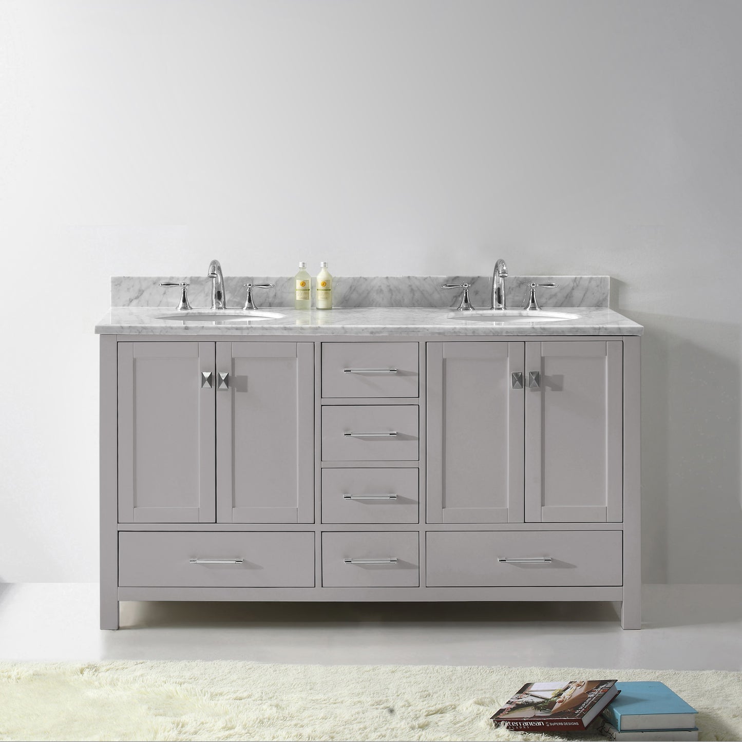 Virtu USA Caroline Avenue 60" Double Bath Vanity in Cashmere Grey with Marble Top and Round Sink with Polished Chrome Faucet - Luxe Bathroom Vanities