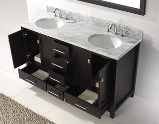 Virtu USA Caroline Avenue 60" Double Bath Vanity with Marble Top and Round Sink with Polished Chrome Faucet and Mirror - Luxe Bathroom Vanities Luxury Bathroom Fixtures Bathroom Furniture