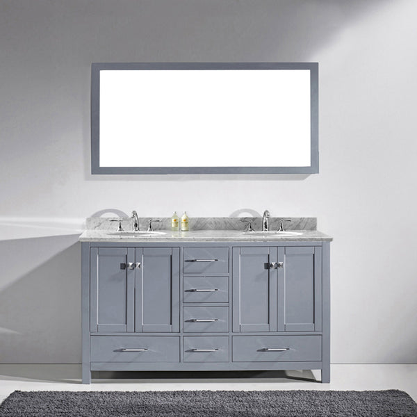 Virtu USA Caroline Avenue 60" Double Bath Vanity with Marble Top and Round Sink with Polished Chrome Faucet and Mirror - Luxe Bathroom Vanities