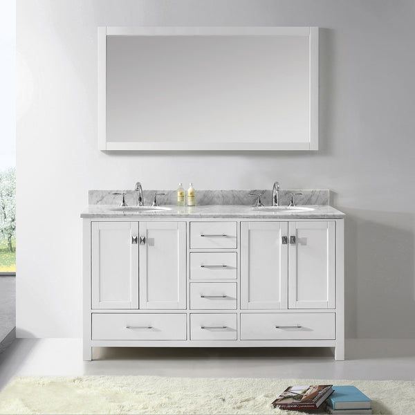 Virtu USA Caroline Avenue 60" Double Bath Vanity with Marble Top and Round Sink with Polished Chrome Faucet and Mirror - Luxe Bathroom Vanities Luxury Bathroom Fixtures Bathroom Furniture