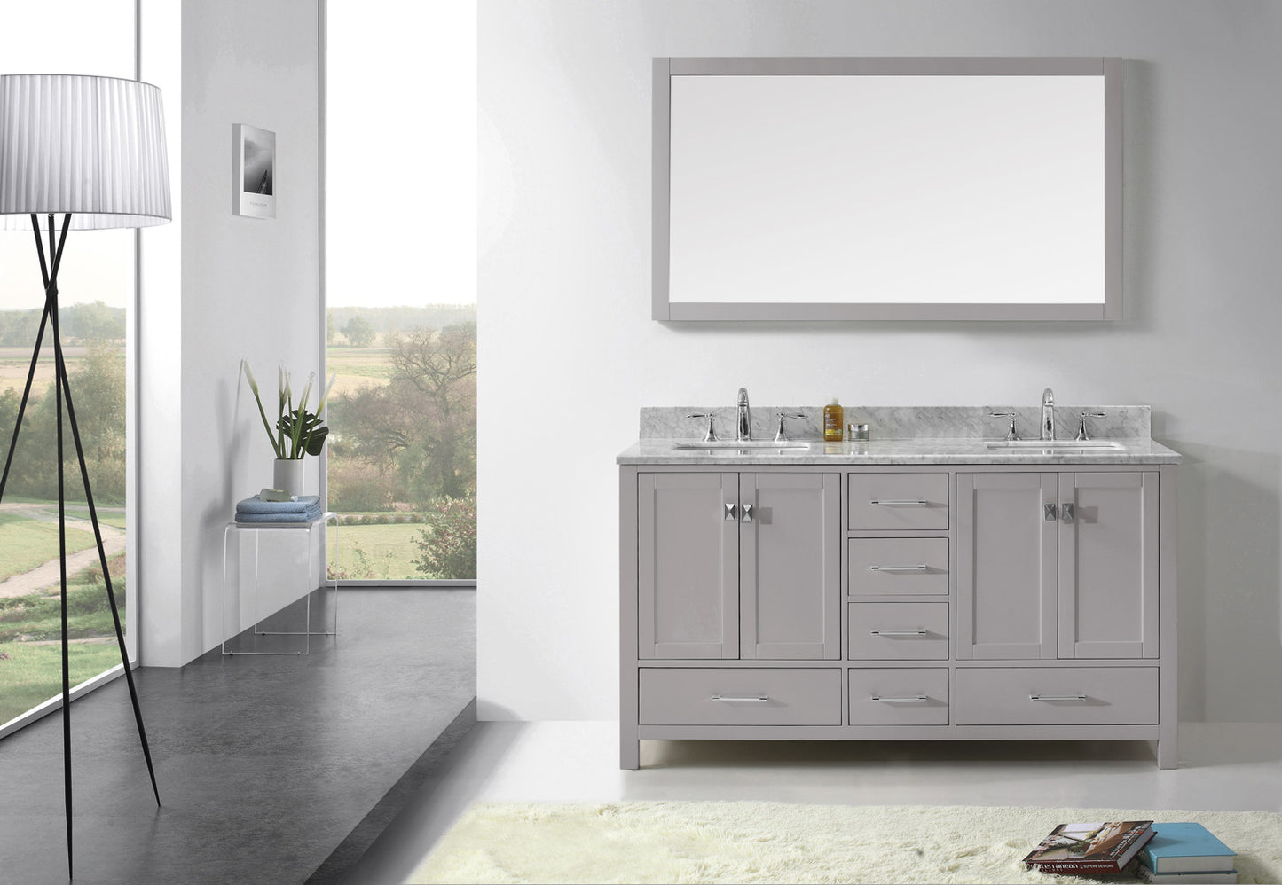 Virtu USA Caroline Avenue 60" Double Bath Vanity with Marble Top and Square Sink with Brushed Nickel Faucet and Mirror - Luxe Bathroom Vanities Luxury Bathroom Fixtures Bathroom Furniture