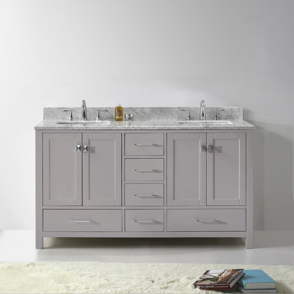 Virtu USA Caroline Avenue 60" Double Bath Vanity in Cashmere Grey with Marble Top and Square Sink with Brushed Nickel Faucet - Luxe Bathroom Vanities Luxury Bathroom Fixtures Bathroom Furniture