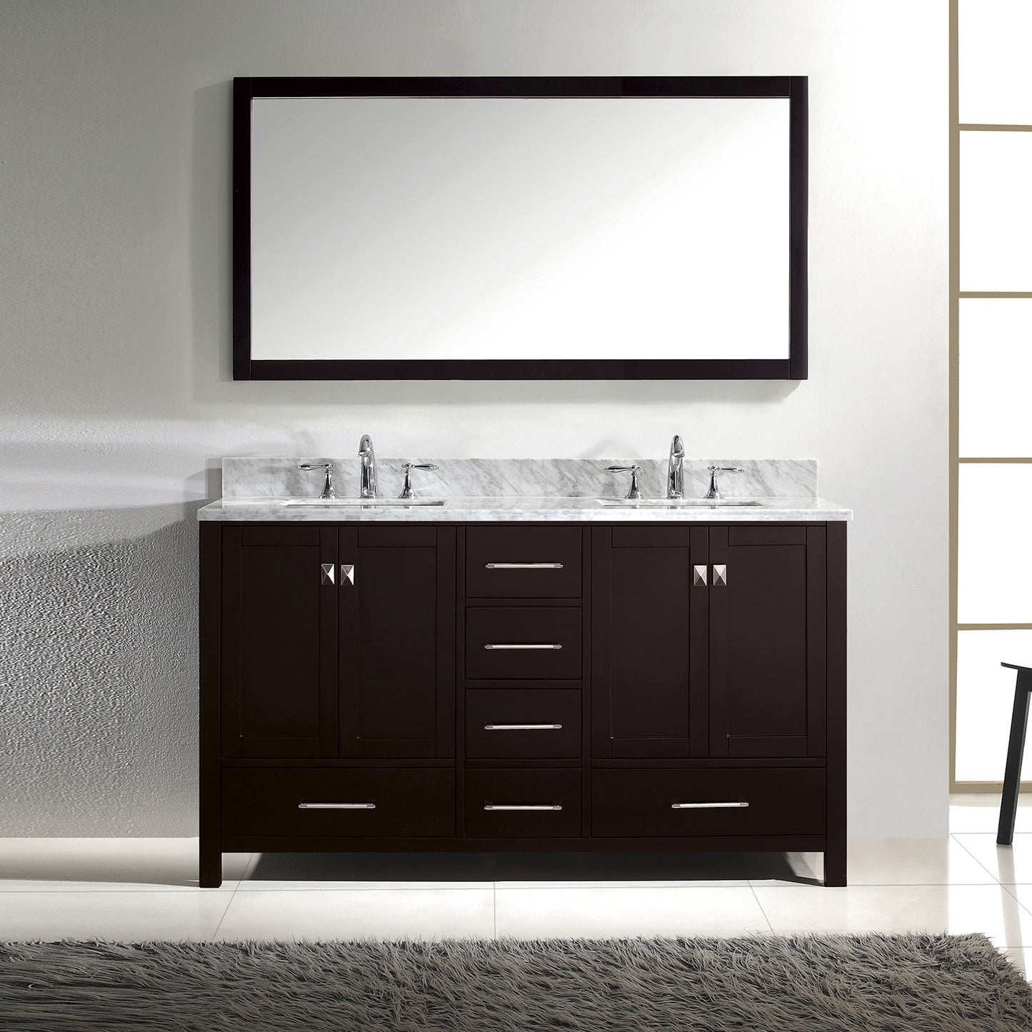 Virtu USA Caroline Avenue 60" Double Bath Vanity with Marble Top and Square Sink with Brushed Nickel Faucet and Mirror - Luxe Bathroom Vanities Luxury Bathroom Fixtures Bathroom Furniture