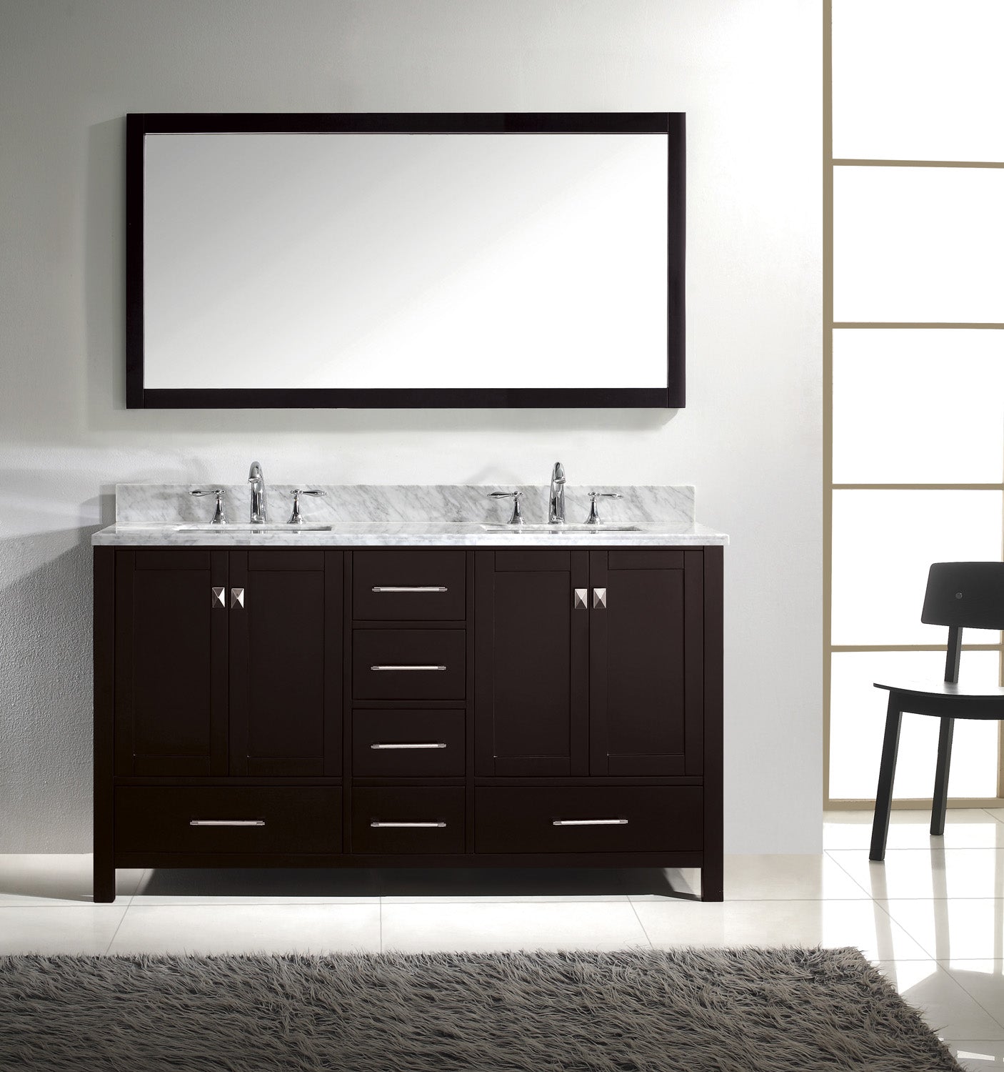 Virtu USA Caroline Avenue 60" Double Bath Vanity with Marble Top and Square Sink with Brushed Nickel Faucet and Mirror - Luxe Bathroom Vanities Luxury Bathroom Fixtures Bathroom Furniture