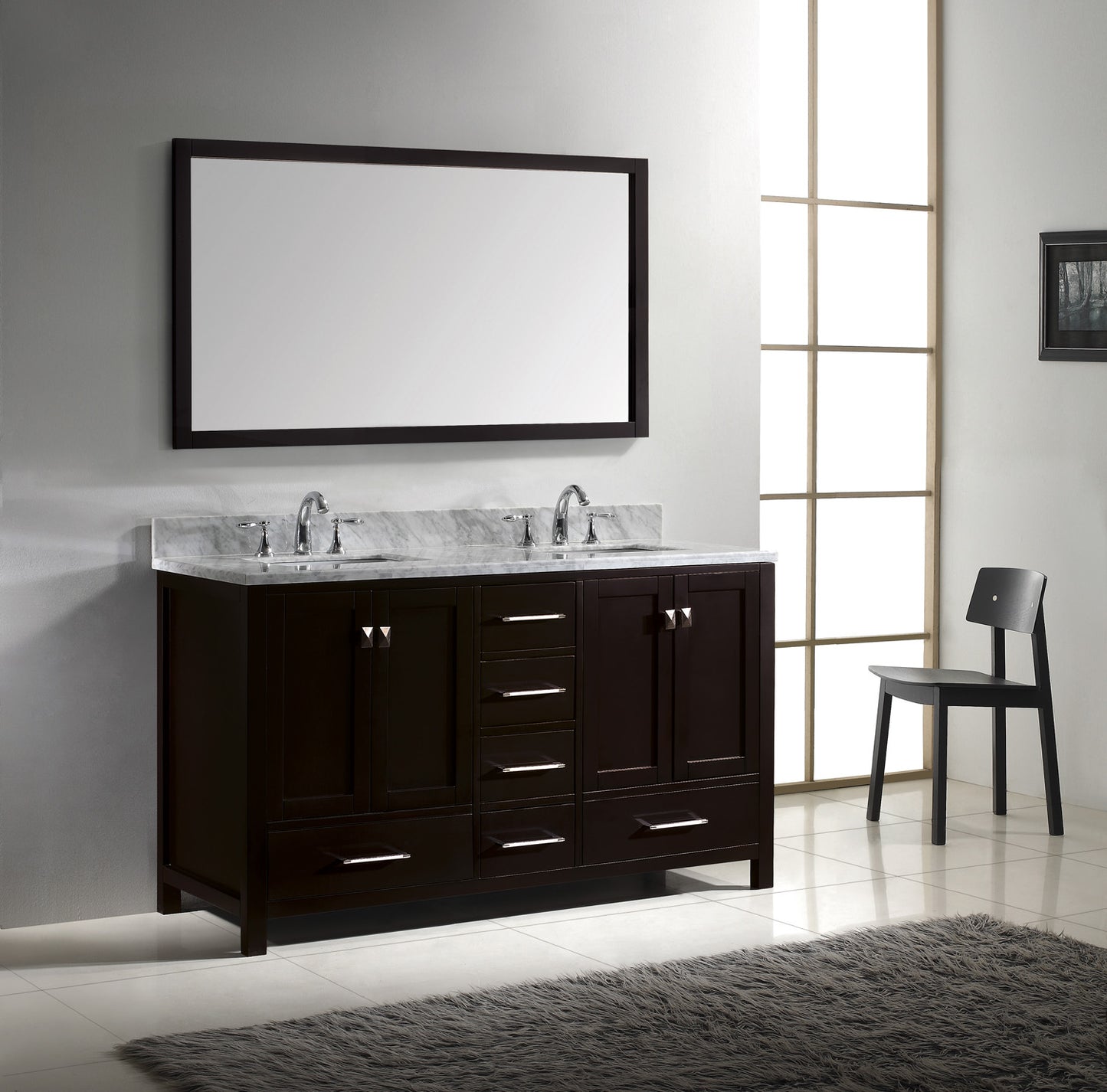 Virtu USA Caroline Avenue 60" Double Bath Vanity with Marble Top and Square Sink with Brushed Nickel Faucet and Mirror - Luxe Bathroom Vanities Luxury Bathroom Fixtures Bathroom Furniture