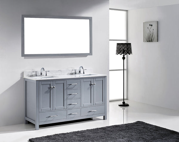 Virtu USA Caroline Avenue 60" Double Bath Vanity with Marble Top and Square Sink with Brushed Nickel Faucet and Mirror - Luxe Bathroom Vanities Luxury Bathroom Fixtures Bathroom Furniture