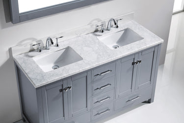 Virtu USA Caroline Avenue 60" Double Bath Vanity with Marble Top and Square Sink with Polished Chrome Faucet and Mirror - Luxe Bathroom Vanities Luxury Bathroom Fixtures Bathroom Furniture