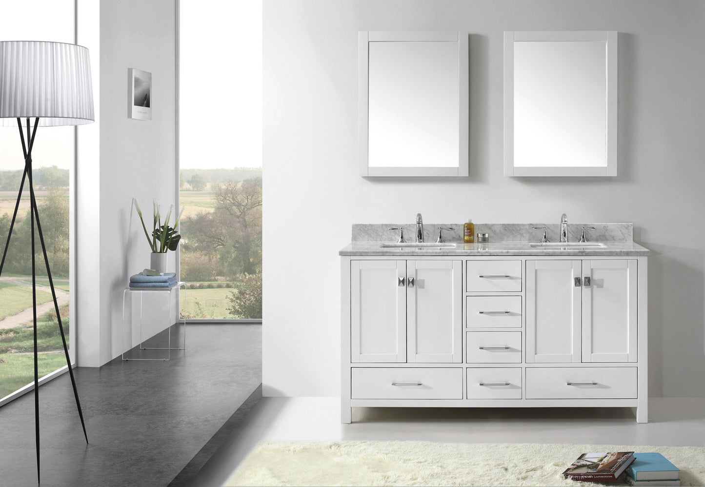 Virtu USA Caroline Avenue 60" Double Bath Vanity with Marble Top and Square Sink with Mirrors - Luxe Bathroom Vanities Luxury Bathroom Fixtures Bathroom Furniture