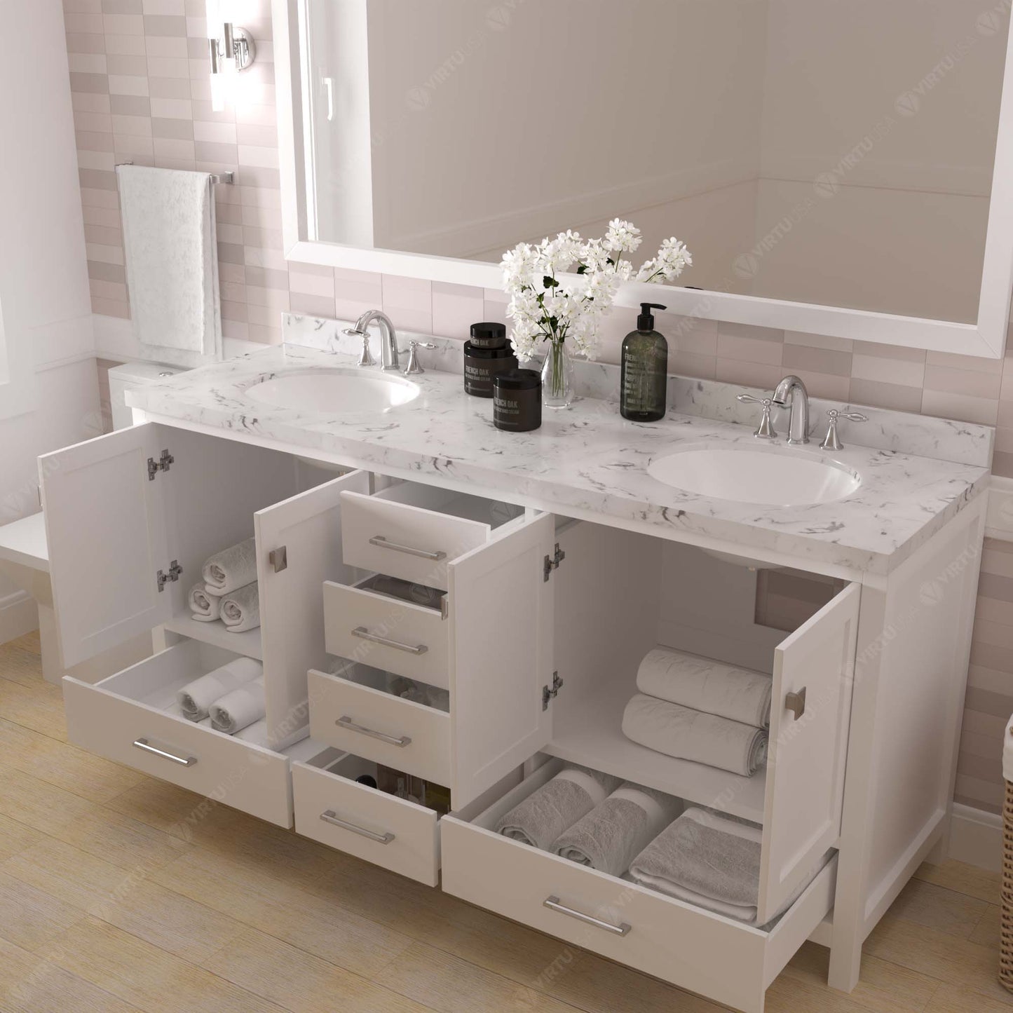 Virtu USA Caroline Avenue 72" Double Bath Vanity with White Quartz Top and Round Sinks with Polished Chrome Faucets with Matching Mirror - Luxe Bathroom Vanities