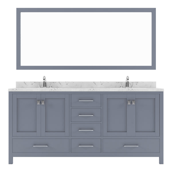 Virtu USA Caroline Avenue 72" Double Bath Vanity with White Quartz Top and Square Sinks with Polished Chrome Faucets with Matching Mirror - Luxe Bathroom Vanities