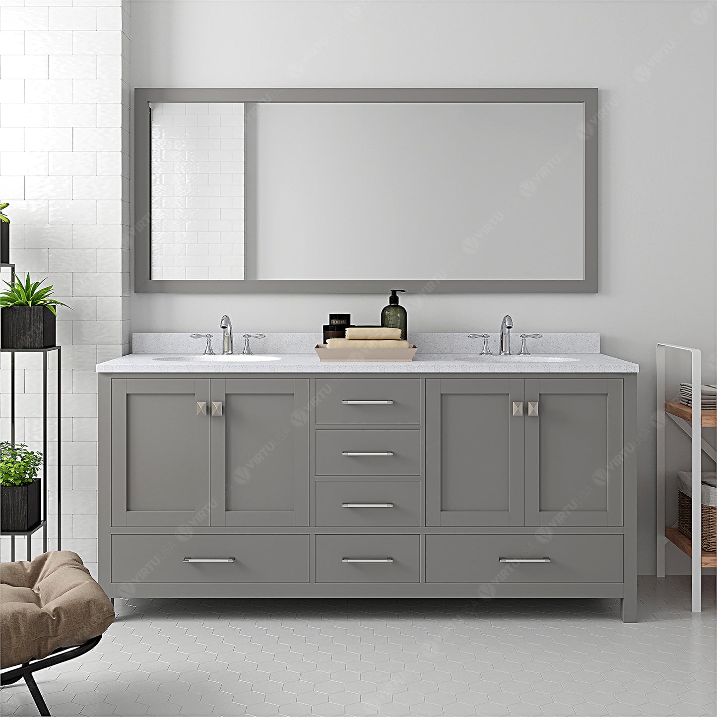 Virtu USA Caroline Avenue 72" Double Bath Vanity with Dazzle White Top and Round Sink with Mirror - Luxe Bathroom Vanities Luxury Bathroom Fixtures Bathroom Furniture