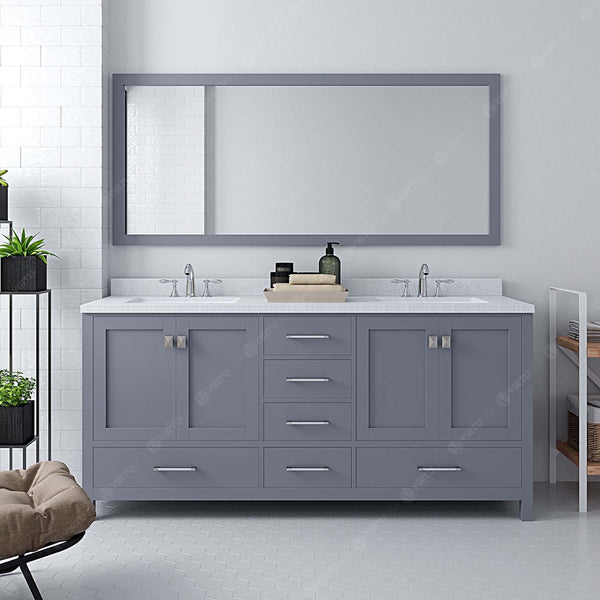 Virtu USA Caroline Avenue 72" Double Bath Vanity with Dazzle White Top and Square Sink with Polished Chrome Faucet and Mirror - Luxe Bathroom Vanities
